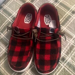 Hey Dude Red and Black Plaid Loafers